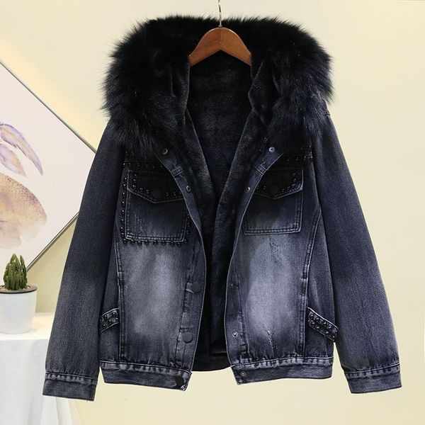 

2019 winter new black big fur collar hooded fleece lining denim jacket coat women casual thick warm jeans jacket women outwear1, Black;brown