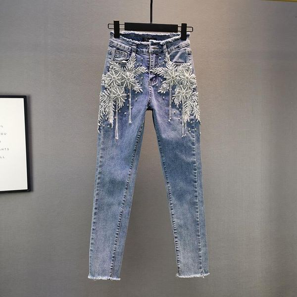 

women's jeans denim pants for 2021 autumn elastic slim mid-waist hand-stitched embroidered rhinestone skinny lady jean, Blue