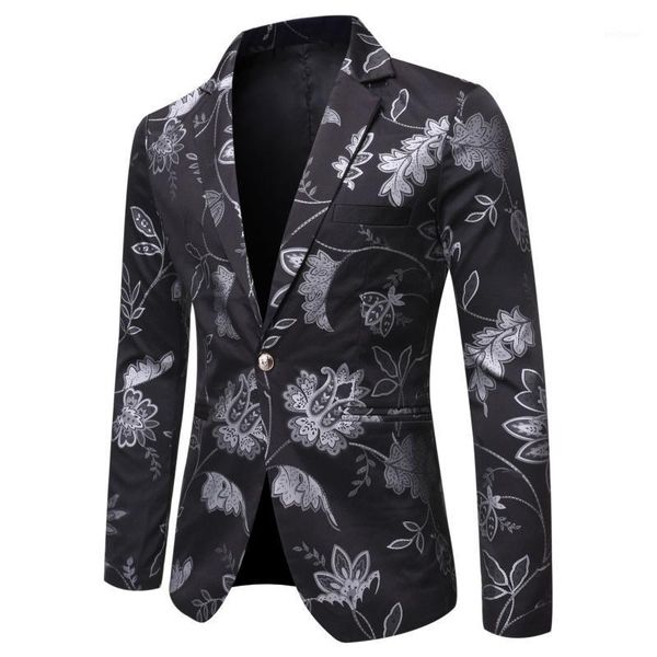 

men suit jacket 2020 spring and summer men's fashion single-breasted performance dress bronzed with gold print blazer1, White;black