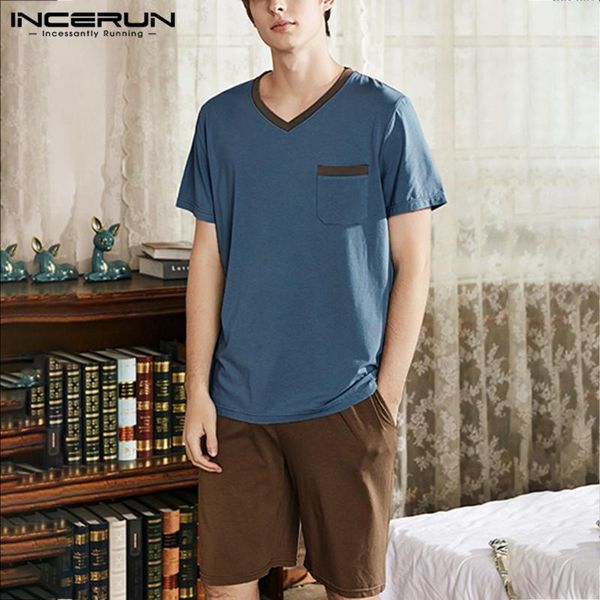 

summer cotton men pajamas sets short sleeve sleepwear shorts sets loose v neck soft homewear leisure mens nightwear suit incerun1, Black;brown