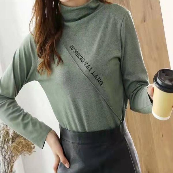 

2021 new winter turtleneck t shirt women fashion casual letter print long sleeve pullover ladies female plus size stip, White