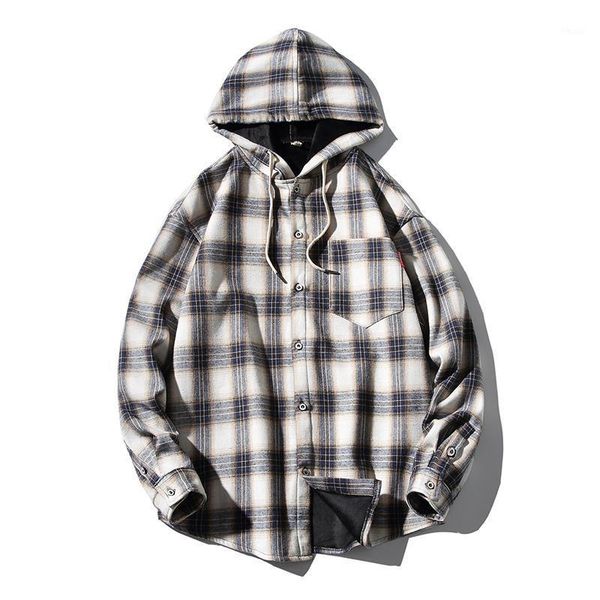 

winter 2021 new original plaid japanese casual plaid hooded with fleece and thickened warm shirt plus size xl 2xl 3xl 4xl 5xl1, White;black