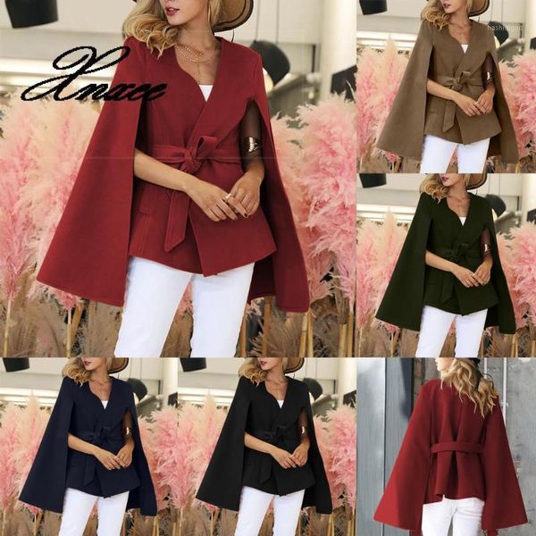 

xnxee autumn winter women's wool coat solid long sleeve split cuffs waist casual capes v-neck belt female cloak wool coat1, Black