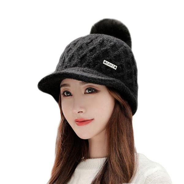 

winter beanie hat for women knitted pompom hat slouchy beanie skullies velvet lining female warm soft leisure warm cap, Blue;gray