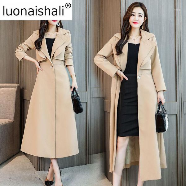 

women's trench coats 2021 autumn brand women coat long windbreaker europe america fashion trend single button slim trench1, Tan;black