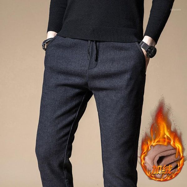 

2020 winter new men's slim warm casual pants business fashion classic style cotton stretch tight thicken trousers male brand1, Black