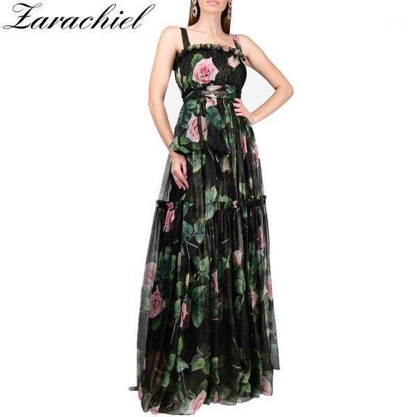 

fashion summer runway maxi dress women's spaghetti strap ruffles rose floral print elastic waist chiffon long dress with belt1, Black;gray
