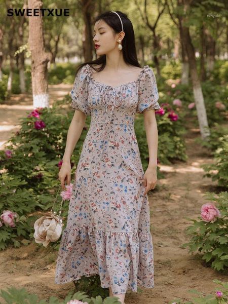 

sweetxue retro square collar floral chiffon dress 2020 lady temperament elegant bubble sleeve high waist fishtail long dress1, Black;gray
