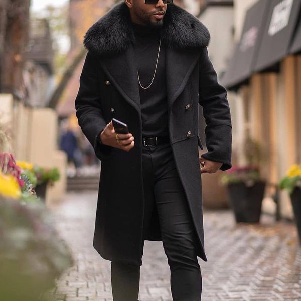 

winter men long woolen coat straight lapel button pocket solid black fashion oversize 4xl office casual warm outwear fur