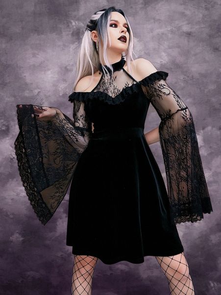 

lightweight contrast lace split sleeve cold shoulder mesh dress 45vu#, Black;gray