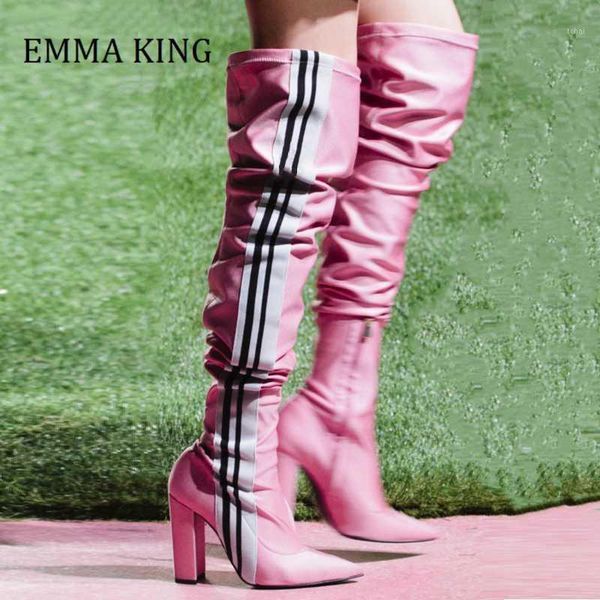 

2021 spring women elastane over the knee boots fabric side vertical stripe pointy toe chunky heel long botas de mujer1, Black