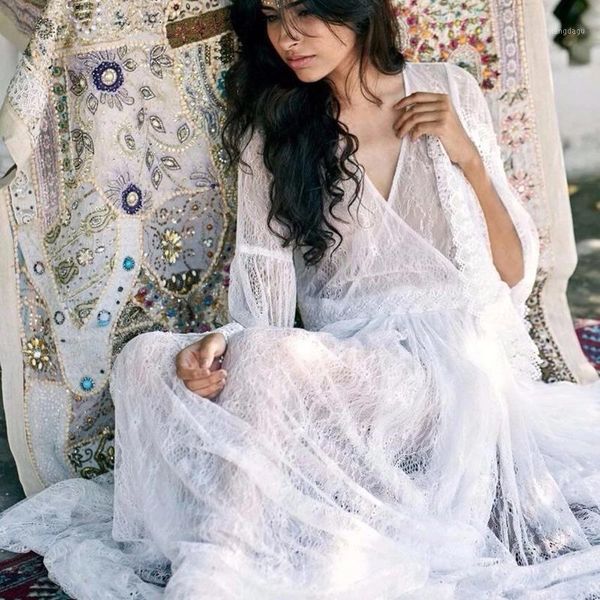 

2020 spring boho casual women maxi dresses long sleeve v neck vintage vestidos backless solid white see through lace dress1, Black;gray