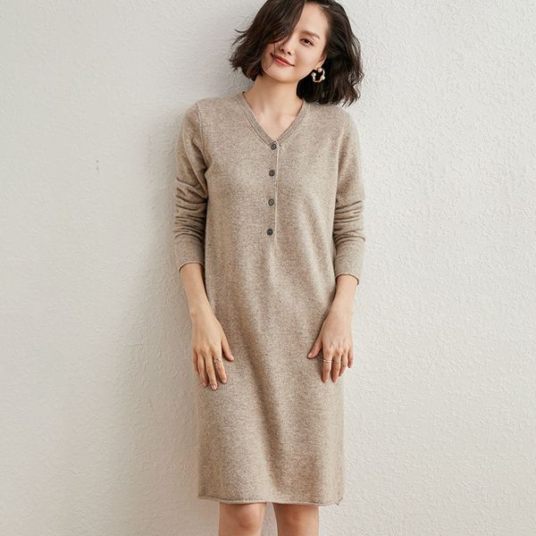 

2021 quality high female dress 100% pure cashmere goat knitting wire jumpers warm autumn plus ladies'dresses b05q, Black;gray
