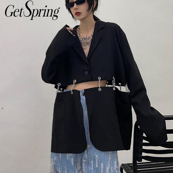 

women's suits & blazers getspring women blazer patchwork irregular hollow out jackets asymmetry casua long suit 2021, White;black