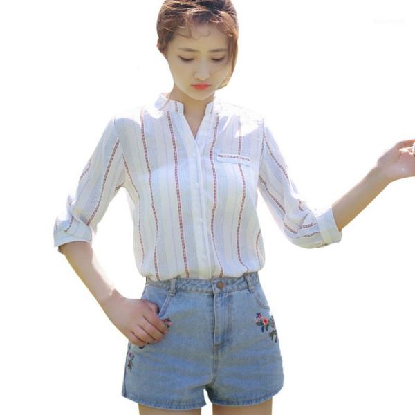 

2020 fashion women long sleeve shirt lady striped printing clothing women stand collar blouse lady casual loose 1, White