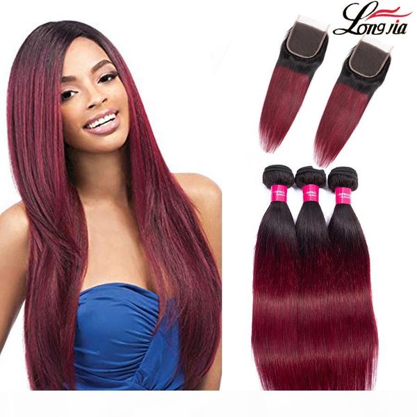 

1b 99j peruvian human hair bundles with closure 4*4 lace closure with 3 4 bundles straight human hair extension, Black;brown