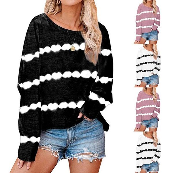 

tie dye print t shirt casual loose women autumn summer gradient color long sleeve shirts plus size streetwear femme tees, White