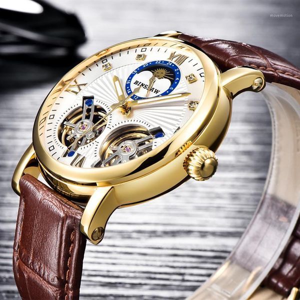 

binssaw new men double tourbillon automatic mechanical watch fashion leather gold sport watches relogio masculino1, Slivery;brown