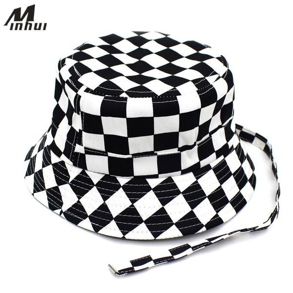 

minhui 2020 new black white plaid bucket hats for men flat fishing cap women hip hop caps hat