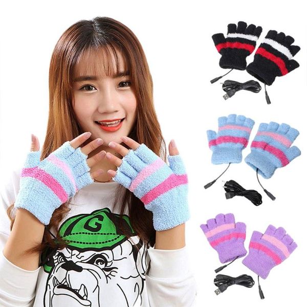 

five fingers gloves 1pair electric usb hand heating mittens women warm plush striped winter fingerless fleece motorcyc, Blue;gray