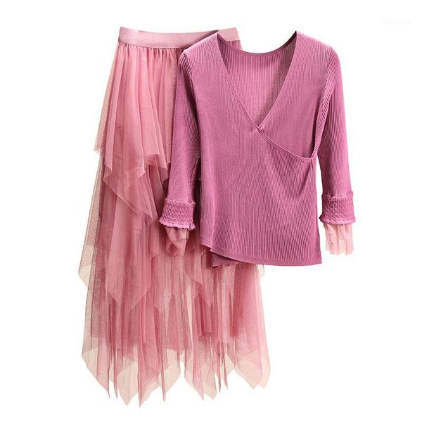 

2020 spring summer knitted womans suits deep v neck sweater and irregular skirts 2 piece set woman mesh dress skirt set1, White