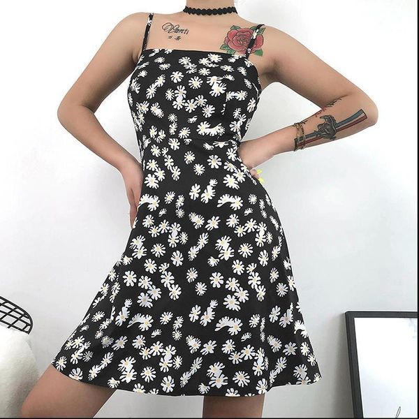 

summer backless floral summer beach dress women daisy party midi women chiffon dresse vintage club sundress plus size dress, Black;gray