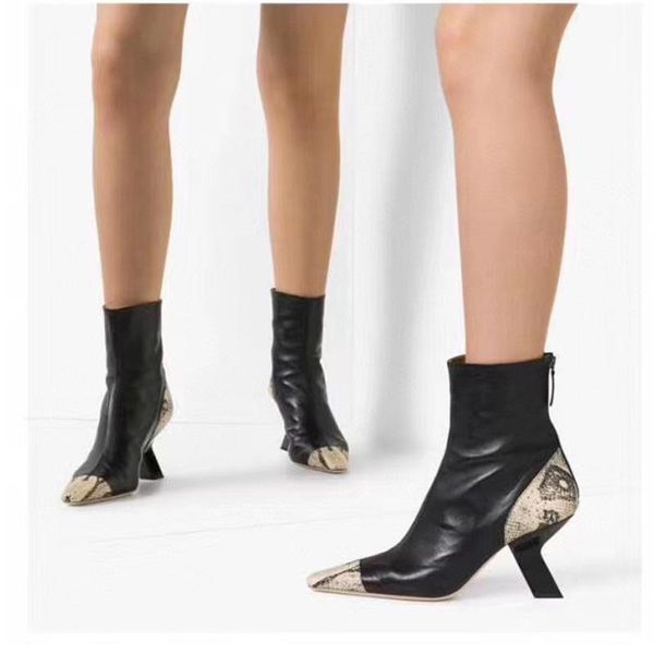 

strange style high heels snake pattern short boots female pointed toe genuine leather ankle boots runway shoes female, Black