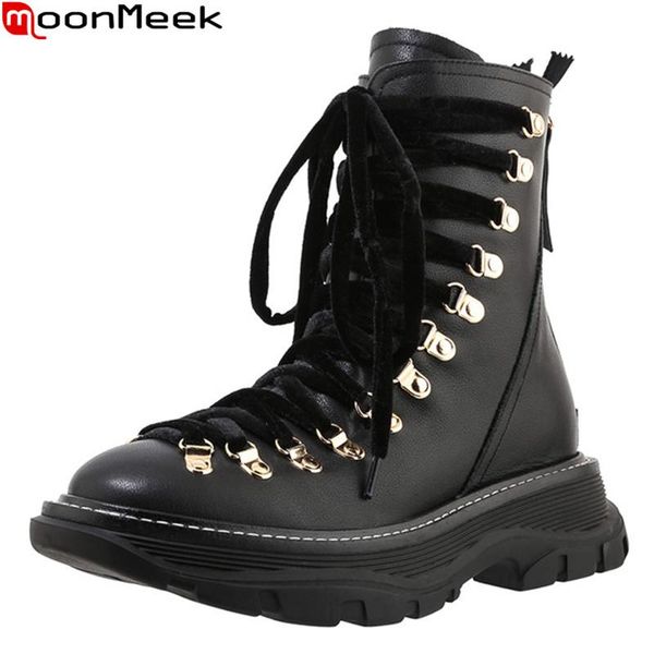 

boots moonmeek 2021 arrival fashion women genuine leather ankle comfortable lace up winter ladies shoes black white