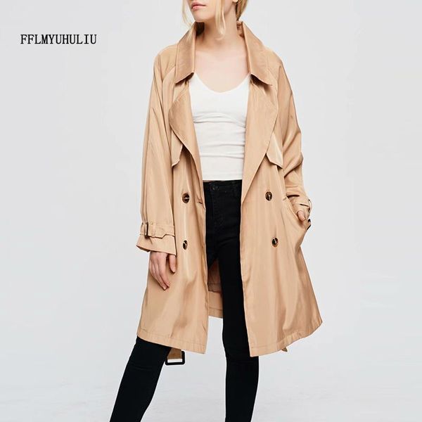 

women's trench coats autumn lapel coat solid color long-sleeved double-row button belt decorative windbreaker casual slim, Tan;black