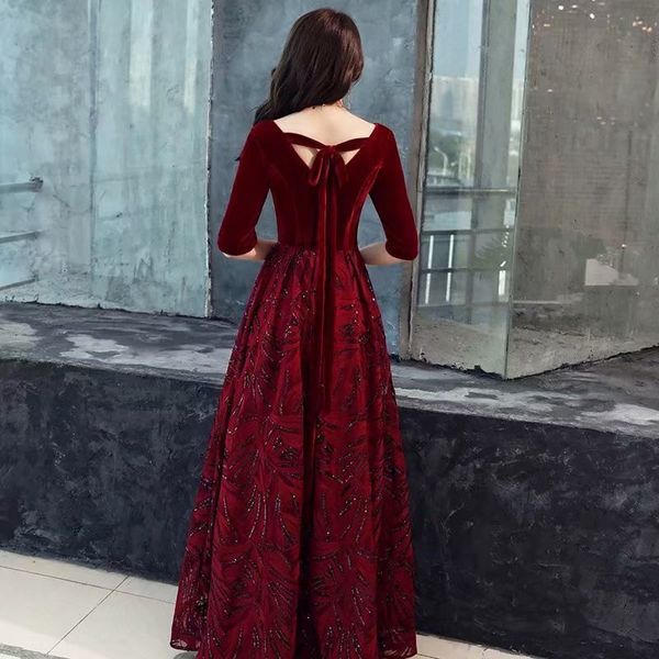 

2021 new * burgundy half-mango velvet dressed evening dress*1087*lantejoula till soiree robe ground* f1al, Black;red