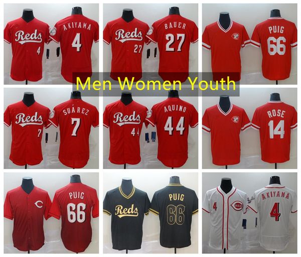 

men women youth cincinnatis reds jersey 4 shogo akiyama 7 eugenio suarez 27 trevor bauer 44 aristides aquino baseball jersey 1010, Black