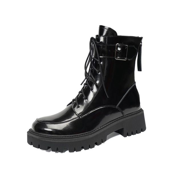 

genuine leather women's ankle motorcycle boots vintage retro lace up chunky high heels winter snow boots shoes woman, Black