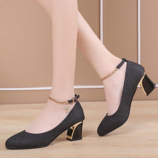 

sagace shoes woman fashion solid round toe slip-on metal buckle chunky heels wedding work simple shoes woman high heel 2020feb12, Black