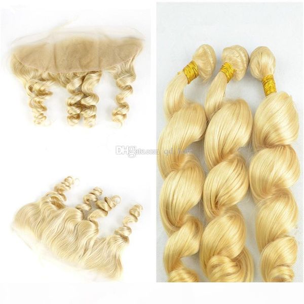 

#613 blonde human hair with lace frontal 13*4 unprocessed hair loose wave 3pcs hair bundles with ear to ear lace frontal closure, Black