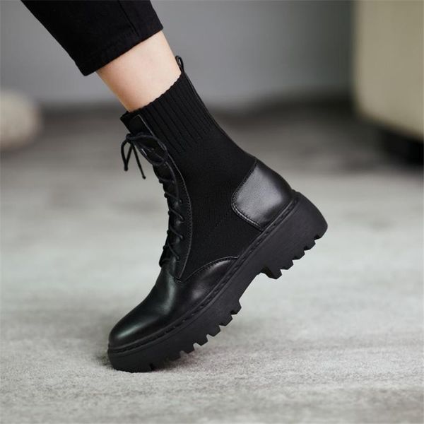 

boots winter women 2021 ankle genuine leather splicing stretch fabric lace-up height increasing women's, Black