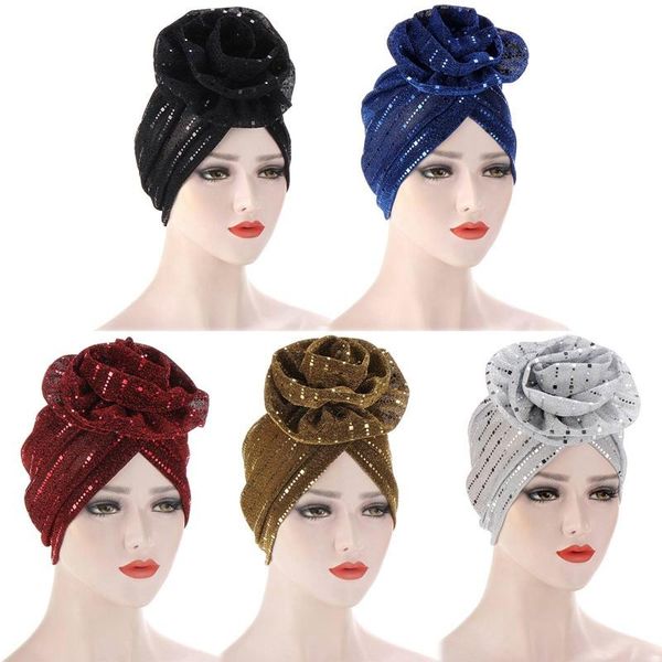 

bright silk large flower hat muslim toque women turban head wrap for women hijabs, Blue;gray