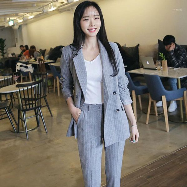 

work fashion pant suits 2 piece set for women double breasted striped blazer jacket & trouser office lady suit feminino 20211, White