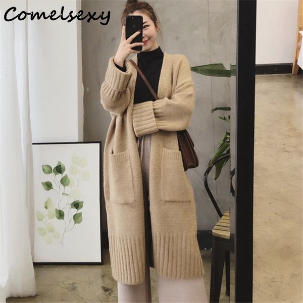 

autumn winter korean thicken knitted sweaters women long sleeve pockets loose fashion casual cardigans 201030, White