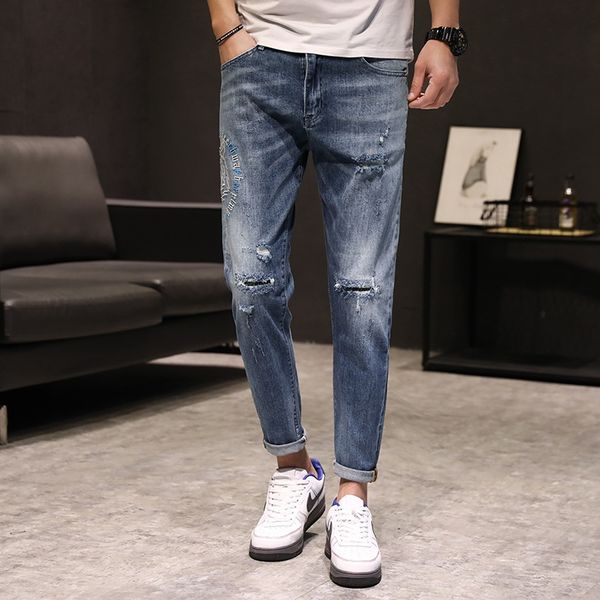 

2020 spring and jeans and jeansembroidered jeanssummer new ripped jeans men's four seasons ankle-length pants slim tiger head embroider, Blue