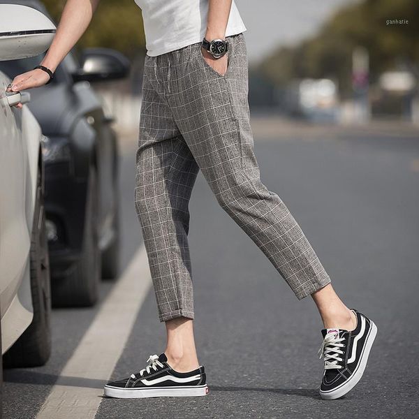 

men's casual pants 2021 spring and summer linen plaid retro fashion casual pants men's solid color nine-point1, Black