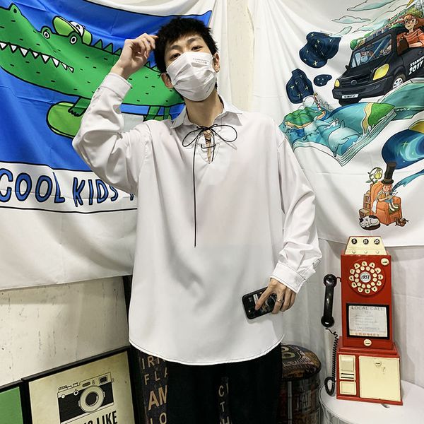 

korean style dress shirt men's fashion solid color business casual shirts mens streetwear wild loose long sleeve shirt men s-2xl, White;black