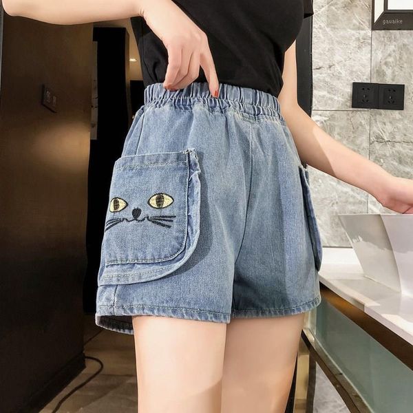 

embroidery cat cute blue jeans pockets woman jeans high waist denim wide leg pants1