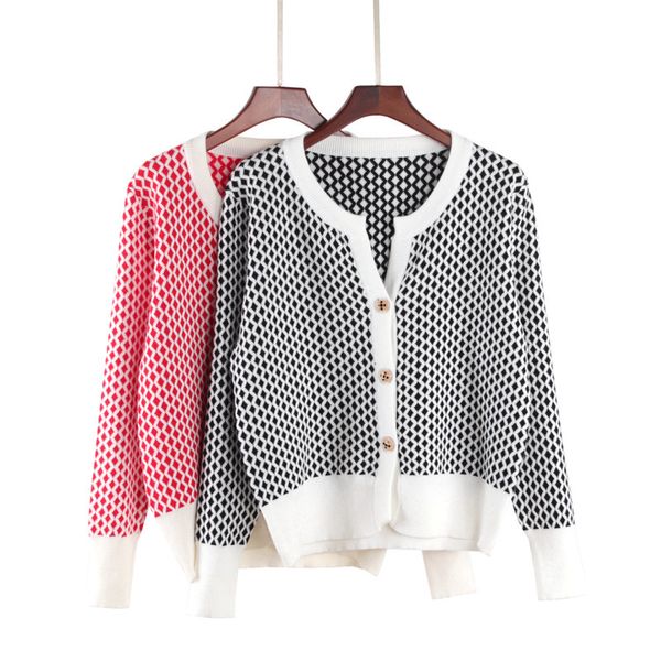 

2021 Argyle Jersey Autumn Cardigan New Fashion Skinny Female Short Jumpers Cute Neck Contrast LMUB, White;black