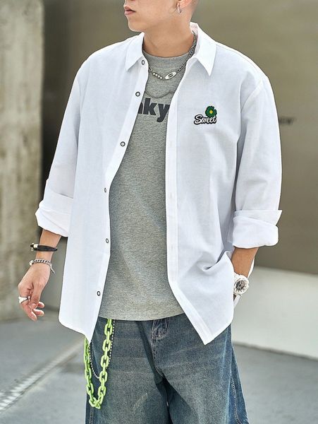 

men letter & floral embroidery button through shirt g76r#, White;black