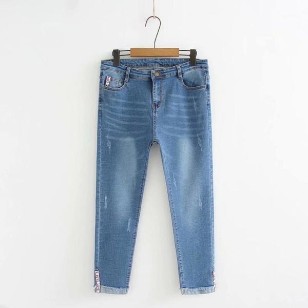

plus size blue women jeans pencil pants 2021 new spring autumn casual ladies scratched cotton pants female1