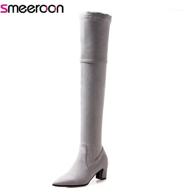 

smeeroon 2020 plus size 33-48 thigh high over the knee boots women flock high heels boots pointed toe autumn winter shoes1, Black