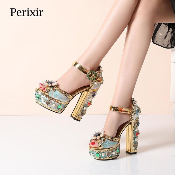 

perixir design ladies sandals open toe square high heel 14cm royal luxurious style sheepskin pearl flower women party shoes, Black