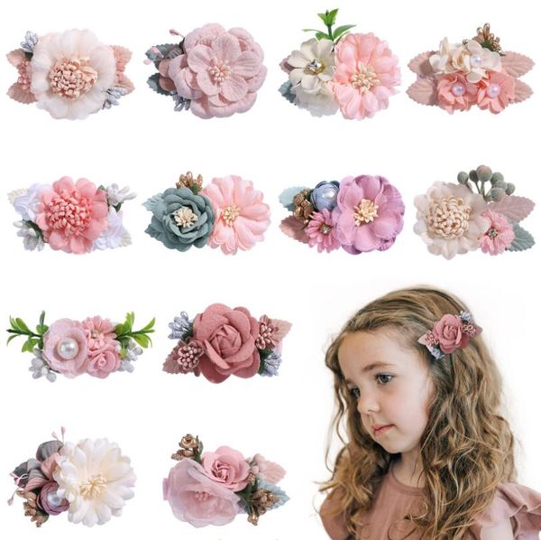 

12 styles ins exquisite girl hair accessory stereo handmade imitation flower with pearls design barrettes accessories kids jewelry birthday, Slivery;white