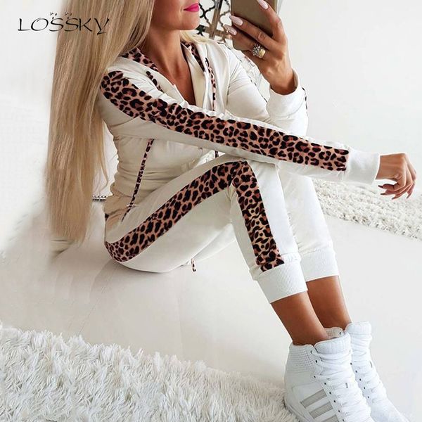 

lossky women two piece set leopard print sweatshirt patchwork long sleeve autumn winter trousers suit fall leisure outfit y200110, White