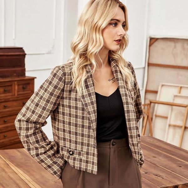 

women's autumn winter plaid suit coat lapel short casual suit long sleeves lantern ghost pumpkin shirt costume long sleeve1, Tan;black